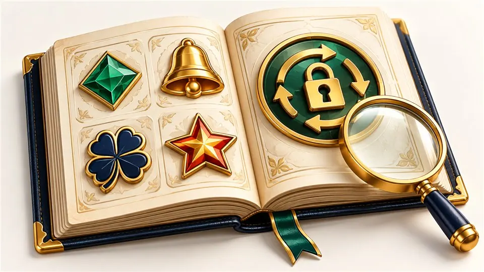 Inilarawang rulebook na may mga slot symbol at locked respin counter