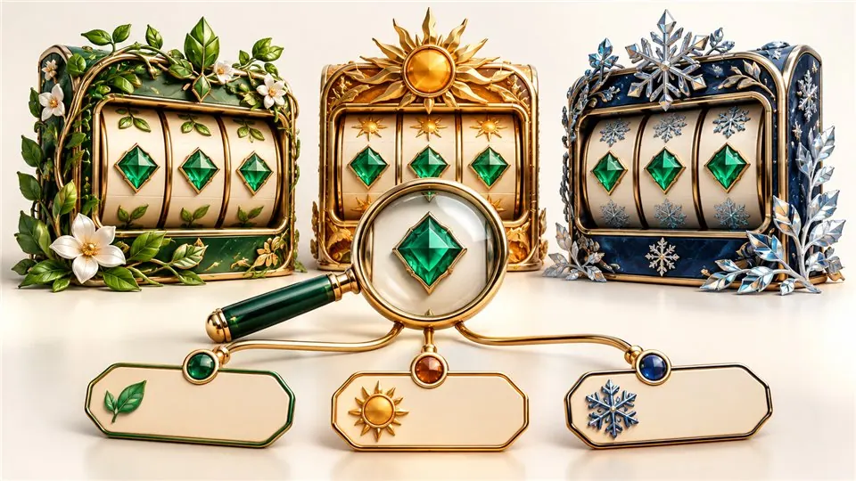 Các hộp sản phẩm slot liên quan với hình ảnh theo mùa và thẻ nhận diện riêng biệt