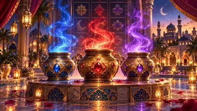Illustration conceptuelle originale de trois pots ornés contenant une magie colorée dans une cour