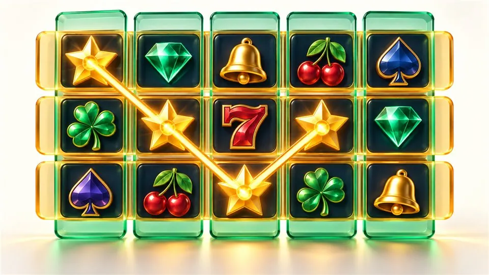 Grelha de slot com colunas de rolos destacadas, filas horizontais e uma linha de pagamento