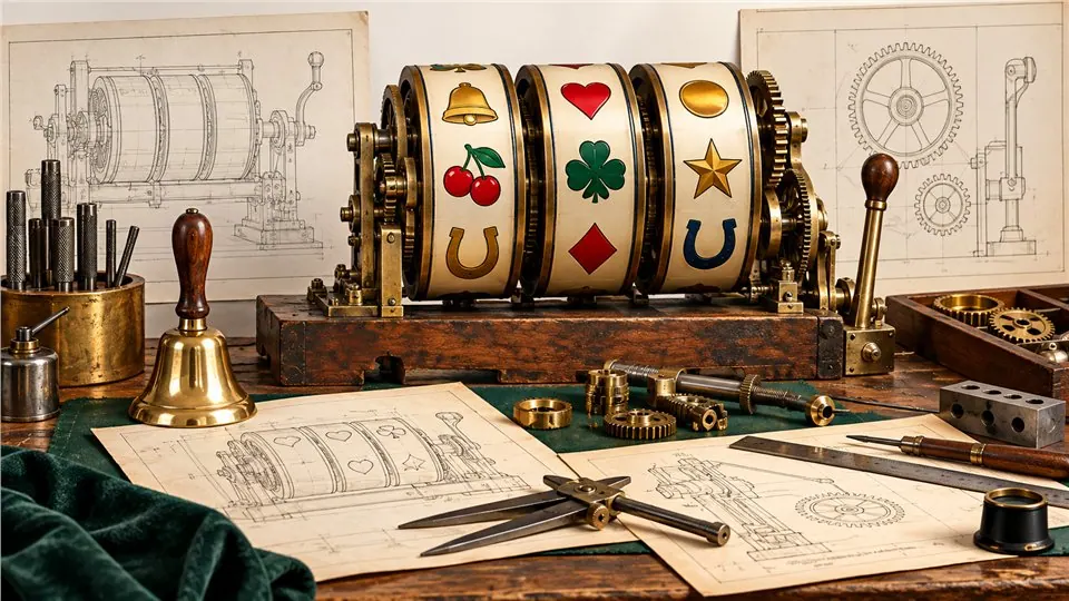 Établi conceptuel de mécanicien avec premiers rouleaux de machine à sous et outils