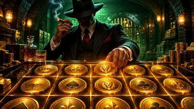 Original noir-inspired conceptual illustration of a mobster silhouette behind a coin grid
