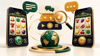 Dos interfaces de slot localizadas junto a un globo terráqueo y bocadillos de idiomas